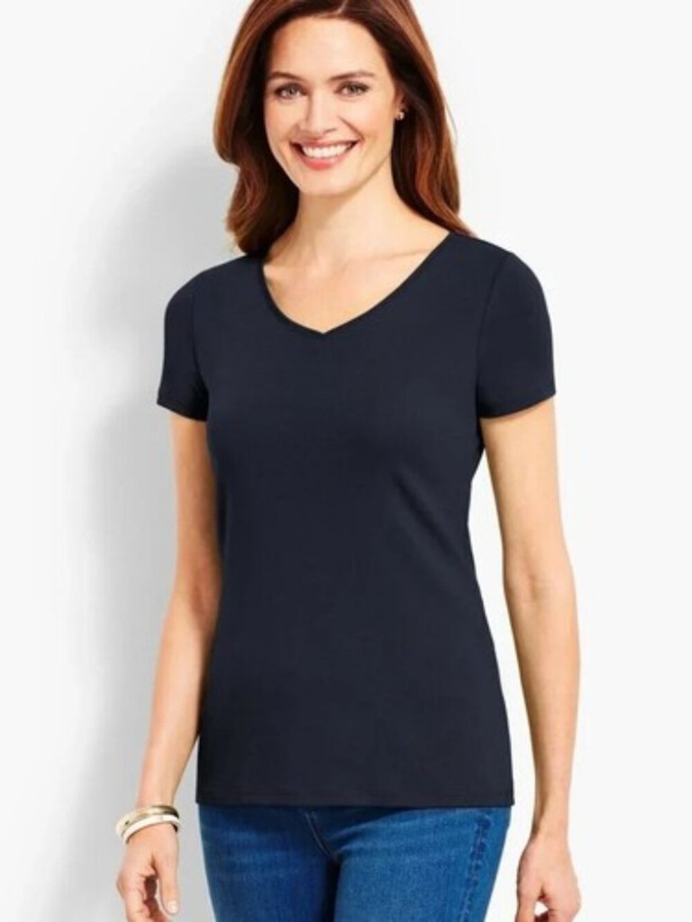 [NWT] Talbots Women's Pima Cotton V-Neck Tee, Navy, Size Petite P